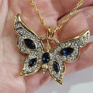 PSCO 14k Overlay Vintage Monarch Butterfly Necklace Blue Clear Crystals 24" Chn
